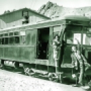 Union Pacific employees on the gasoline combination passenger and freight car on the DVRR in Ryan - Courtesy National Park Service, Death Valley National Park
