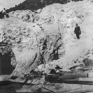 Lila C Mine - Outcrop of Colmanite ore at the mine, Mr. Smitheram, Foreman, and lower down, John Ryan, general manager 1910, Courtesy National Park Service, Death Valley National Park
