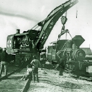 The "Francis" locomotive being loaded in Dagget in 1914 for shipment to Death Valley via Ludlow for use with the DVRR - Courtesy National Park Service, Death Valley National Park